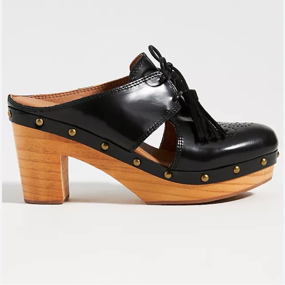 Anthropologie Black Leather Mules with Wooden Heel